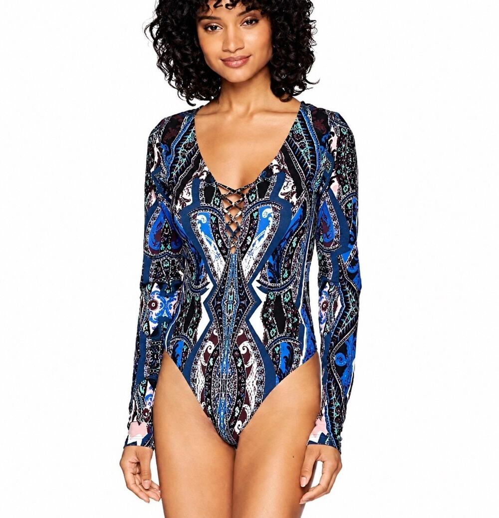 Free People Pick A Place Bodysuit XS Blue Paisley Lace Up Long Sleeve Boho NWT